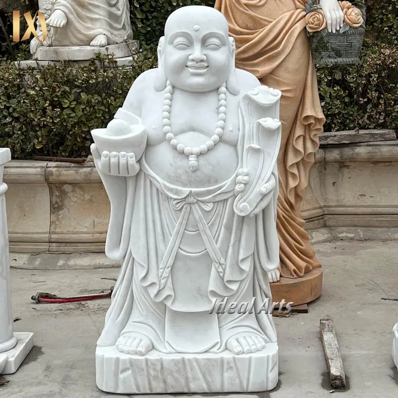 बिक्री के लिए आइडियल आर्ट्स आउटडोर चीनी आदमकद सफेद संगमरमर की हंसते हुए बुद्ध की मूर्ति