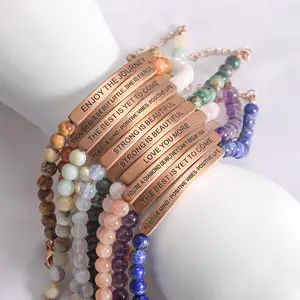Vente en gros de bracelets en perles élastiques en pierre naturelle pour femmes et hommes graver des mots inspirants soeur amour ami maman