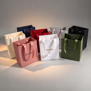 Custom Textured Specialty Paper Jewelry <b>Gift</b> <b>Bag</b> with Ribbon Handle and Hot Stamping Logo - OEM Recyclable Luxury Packaging - Product Image 2