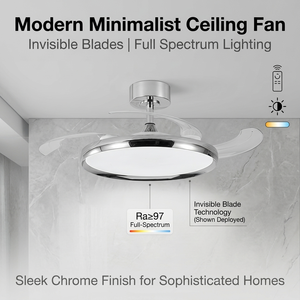 Ventilateur de plafond rétractable moderne chromé de 42 pouces avec lumière, 5 pales, moteur DC, LED à spectre complet Bridgelux à CRI 97, en métal - Product Image 3