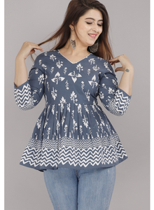 Haut plissé imprimé en coton gris pour femmes et filles, col en V, manches trois-quarts, haut décontracté et élégant - Product Image 6