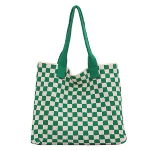 Hot Selling Classic Schachbrett Häkeln Gestrickte Tasche Große Kapazität Einkaufstasche Vintage Chic Mehrfarbige Kausale Handtasche