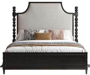Premium Queen Size Black Wood Spindle <b>Bed</b> With Beige Upholstered Headboard For Bedroom - Product Image 2