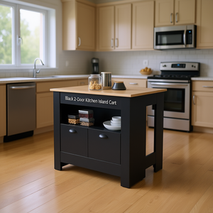 Black 2-Door <b>Kitchen</b> Island Cart With Wood Top And Storage <b>Shelves</b> Modern Design <b>For</b> <b>Kitchen</b> Use - Product Image 2
