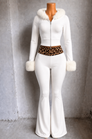 Nouvelle Collection 2026 – Vêtements d'hiver pour femme : Veste zippée à capuche en fourrure imprimé léopard avec logo personnalisé en strass et pantalon évasé à revers