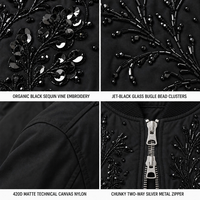 Blouson Bomber Noir Homme AW27 Col Côtelé Broderie Florale Perlée à la Main avec Sequins et Motifs Végétaux Fermeture Éclair Rembourré Style Streetwear Aviateur