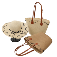 Conjunto de Sombrero Panamá de Paja Rafia de Ala Ancha y Bolso Tote a Rayas, Estilo Casual Deportivo para Verano, Ciclismo, Fiestas y Actividades al Aire Libre