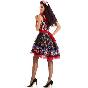 Disfraz de novia fantasma para Halloween, estilo mexicano, Día de Muertos, con flores y calaveras impresas, vestido de encaje. - Product Image 2