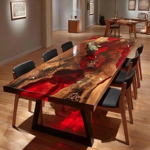 Plateau de table à manger en bois massif avec résine époxy rouge, fait à la main, pièce maîtresse, salle de conférence, comptoir à bord vif, bar et canapé, dessus en résine - Product Image 2