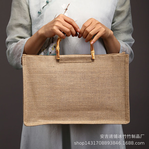 Bolso Tote de Mujer con Asa de Bambú, de Algodón y Lino, Color Sólido, Horizontal, Embalaje General, Hecho en Anji - Product Image 3