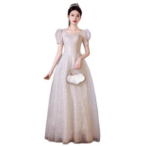 Silver Gray Sequined Evening Gown Square Collar Natural Waistline Princess Dress For Coming Of Age Ceremony - Product Image 5