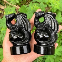 Statue de Dragon volant en cristal obsidienne noire avec pierres précieuses naturelles de 4 pouces