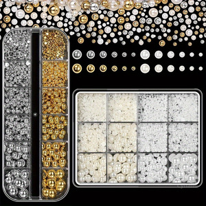 12 <b>Grids</b> Gold Silver Pearl Nail Beads Half Round Flatback <b>Metal</b> Ball Charms for DIY Nail Art - Product Image 4