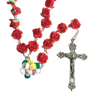 Red polymer clay catholic Rosary ,beautiful Soft Ceramic beads rose rosary, flower bead rosary