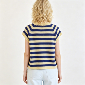 2026 New Arrival <strong>Navy</strong> Striped Knit <strong>Cardigan</strong>, Women's Short Sleeve Button Down Crew Neck Knitted Top, Knitwear - Product Image 2