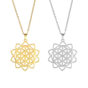 Stainless Steel Hollow Flower Of Life Mandala Pendant Necklace Buddhist Hindu Amulet Jewelry Accessories