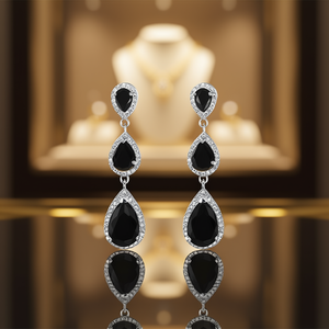 Orecchini Pendenti E2221 in Pietra Nera Placcati Argento con Taglio a Goccia e Montatura a Castone, Gioielli Classici da Donna per Feste - Product Image 2