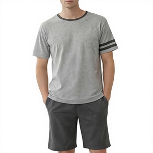Men Solid Gray Crew Neck T-Shirt Set Knitted Breathable Short Sleeve Casual Summer Outfit Dark Gray Shorts Polyester/Cotton 180g - Product Image 1