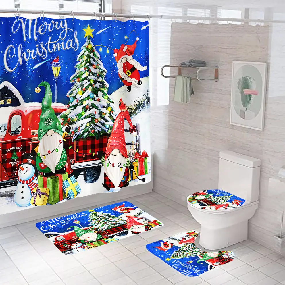 custom any design Christmas tree and red car shower curtain bath curtain set