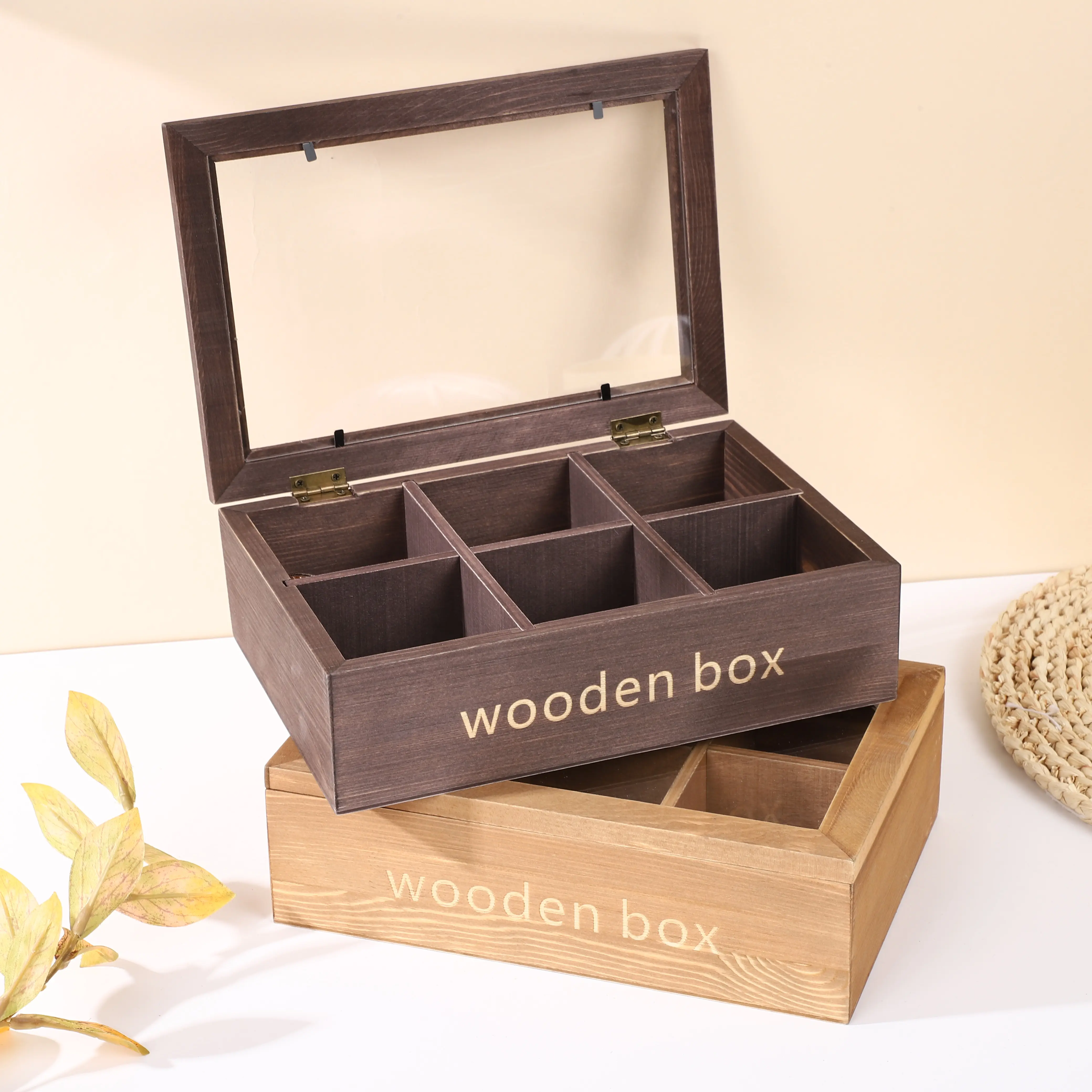 Caja de té de madera para joyería con tapa magnética con bisagras, caja de madera para té, caja de té de bambú Natural, organizador de almacenamiento con 6 compartimentos