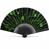 Kipas Bambu Motif Sirkuit Cyberpunk untuk Penggemar Teknologi dan Perlengkapan Pesta Bertema Fiksi Ilmiah Futuristik