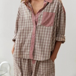 Hot Selling Design Primavera Casual Loungewear Camisa Calça Conjuntos de Correspondência Xadrez 2 Peças Pijama Sleepwear Terno - Product Image 2