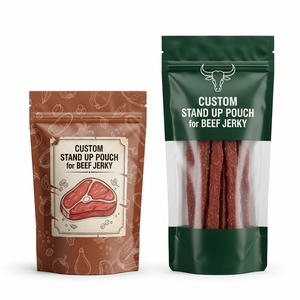 Sachets personnalisés pour biltong, en PE de qualité alimentaire, étanches à l'humidité, sachets souples à fond plat, imprimés sur mesure, pour emballage de viande, 14g 50g, OEM - Product Image 1