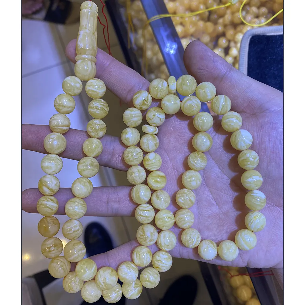 Amber Jewelry Natural Russian Amber Stone Tiger Skin White and Gold White Round Beads 10-14mm Clean High Quality Muslim imams