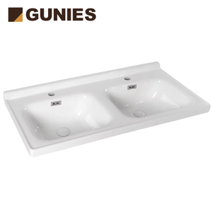 Meuble de salle de bain moderne à <span class=keywords><strong>double</strong></span> <span class=keywords><strong>vasque</strong></span>, blanc pur, avec <span class=keywords><strong>robinet</strong></span> monotrou et lavabo en céramique poli pour lavage des mains - Product Image 2