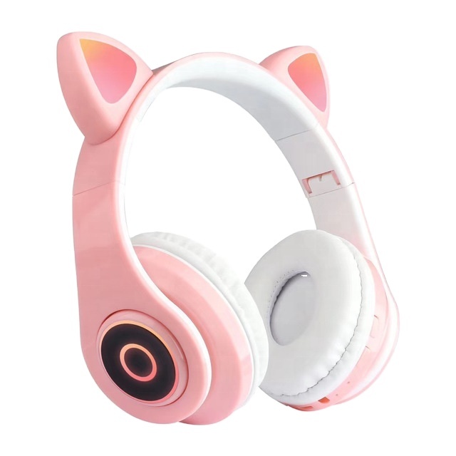B39 Pink Cat Ears Gaming Over-Ear Headsets Sports Wireless Bluetooth Cat Headphones for Kids and Adult