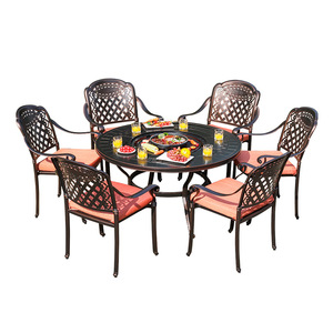 Outdoor Cast Aluminum Garden Set 6 Seater <b>Round</b> <b>Table</b> With Built In Grill For <b>Patio</b> Deck Balcony - Product Image 1