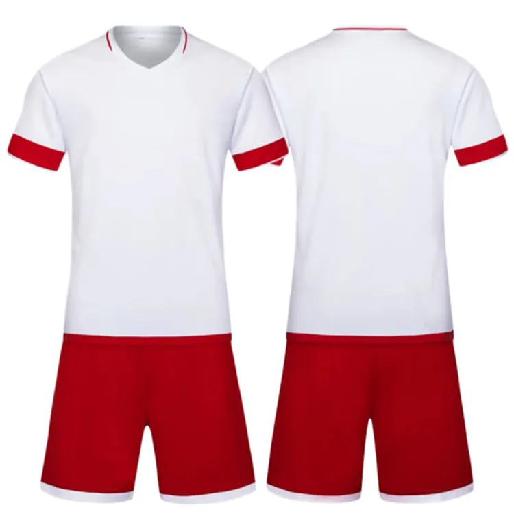 2021 Neueste Design Männer Fußball Uniform Set mit roten Shorts und einfachen O-Ausschnitt Halbarm Trikot für Männer