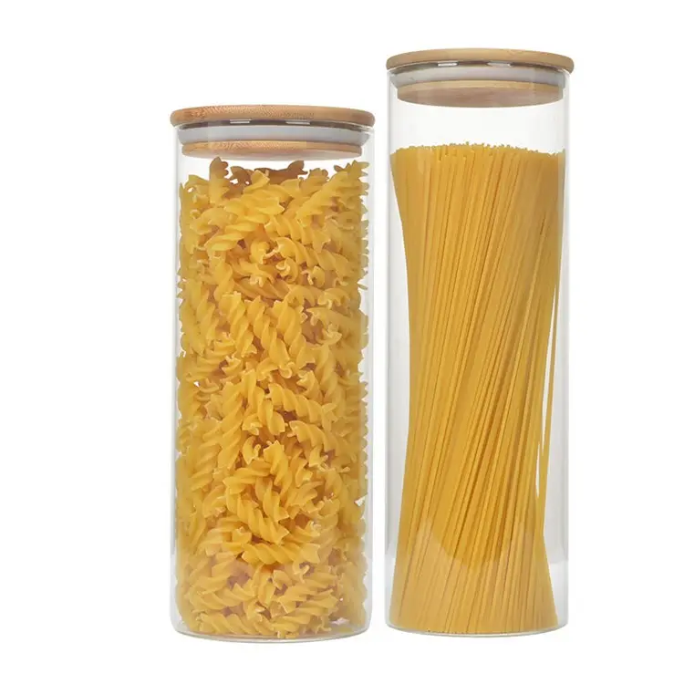 900Ml 1000Ml Borosilicate แก้วถังครัว Macaroni สปาเก็ตตี้เก็บขวดและขวดพร้อมฝาไม้ไผ่