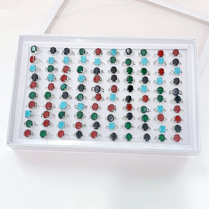 Vintage Silver Plated Gemstone Rings Round Turquoise Red Green Black Alloy Unisex Daily Wear <b>Gift</b> Jewelry - Product Image 4