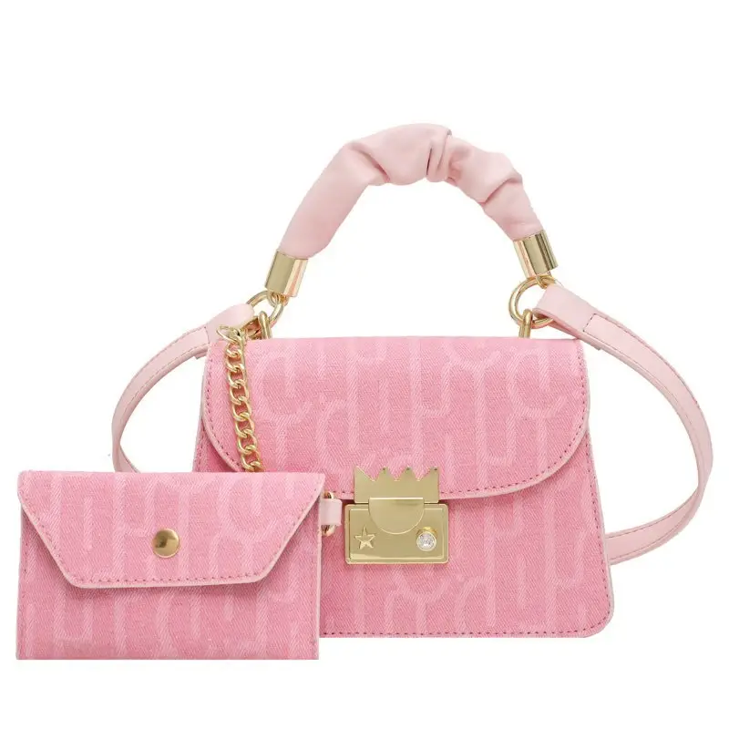 स्टाइलिश और सस्ते दो-टुकड़ा पर्स हैंडबैग महिलाओं के लिए गुलाबी jacquard डेनिम महिला फैशन हैंडबैग 1 में 2
