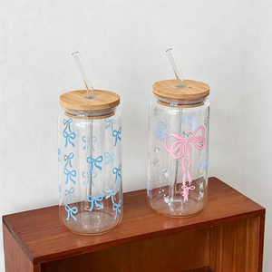 Op maat gemaakte OEM glazen beker met deksel en rietje, FDA en BSCI goedgekeurd, bedrukt glazen tumbler, meerdere patronen, Kawaii cartoon glas - Product Image 3