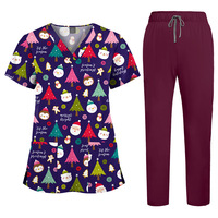 Tenues de travail imprimées à col en V, uniformes d'infirmière, ensembles professionnels, pantalons droits de couleur unie 64001