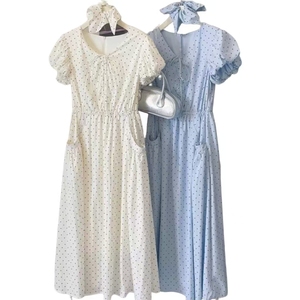 Vestido Midi de lunares <span class=keywords><strong>para</strong></span> mujer con mangas abullonadas, escote acentuado con lazo, práctico detalle de bolsillo, perfecto <span class=keywords><strong>para</strong></span> días de trabajo informales - Product Image 1