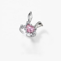 Bague ouverte pliable en alliage plaqué argent, style vintage, motif lapin, zircon rose, motif cœur, pour femme et jeune fille, élégante, légère et raffinée