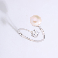 Joyería Más Vendida: Anillo Ajustable de Plata S925 con Perla de Agua Dulce Rosa y Circonita Cúbica
