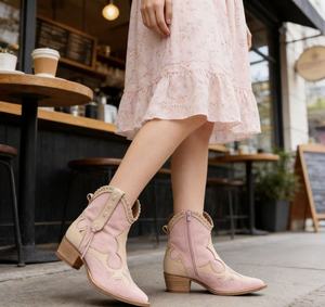 Nouvelle Tendance : Bottines <span class=keywords><strong>Western</strong></span> Rose pour Femmes, Style Cowboy, Patchwork, Bout Pointu, Bord Festonné - Product Image 3