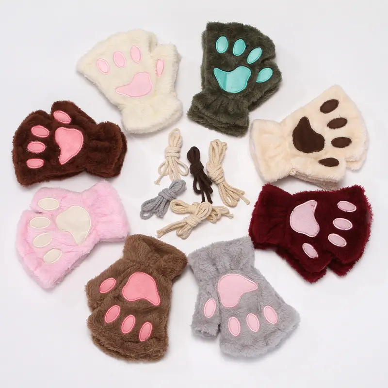 Cat paw gloves plush half finger bear paw dew finger gloves mittens cute woman thick cartoon warm winter gloves touch screen