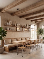Ensembles table et chaises en bois massif personnalisables, style Wabi-sabi moderne et minimaliste, avec banquettes en bois à assise souple, pour cafés, salons de desserts et salons de thé.