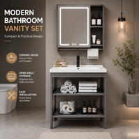 Ensemble de meuble-lavabo moderne à poser au sol pour salle de bain, gain de place, cadre en aluminium, vasque en céramique, étagère ouverte, armoire miroir LED, hôtel