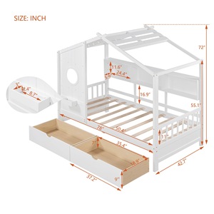 White Wooden <b>House</b> <b>Bed</b> With Storage Drawers And Bookshelf For Kids Bedroom - Product Image 4
