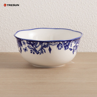Prix de gros Tresun, fabrication sur mesure OEM, impression par tampographie, ensemble de 16 assiettes en céramique à motif floral bleu et oiseaux, vaisselle.