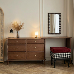 Premium Walnut 6-Drawer Dresser <b>Desk</b> Combo <b>Extendable</b> Vanity Set With Turned Leg For Bedroom - Product Image 1
