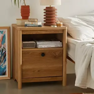 Mesitas de noche de madera con mango ranurado moderno de mediados de siglo, cajón de almacenamiento para dormitorio y estante, mesita de noche Jordan