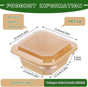 Conteneur alimentaire en papier kraft multi-tailles, jetable, pour repas, riz, salade, dessert, à emporter, bol carré octogonal avec couvercle - Product Image 2