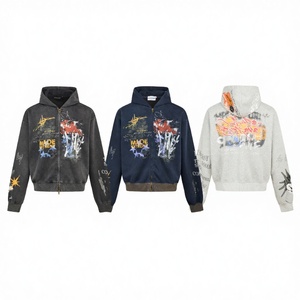 Sweat à capuche zippé oversize imperméable en molleton pour homme, imprimé par pulvérisation, style streetwear, 100 % coton tricoté, coupe classique, pour l'hiver - Product Image 2